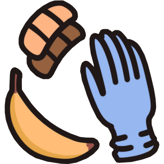 a blue lateex glove, three bandaids, and a banana.